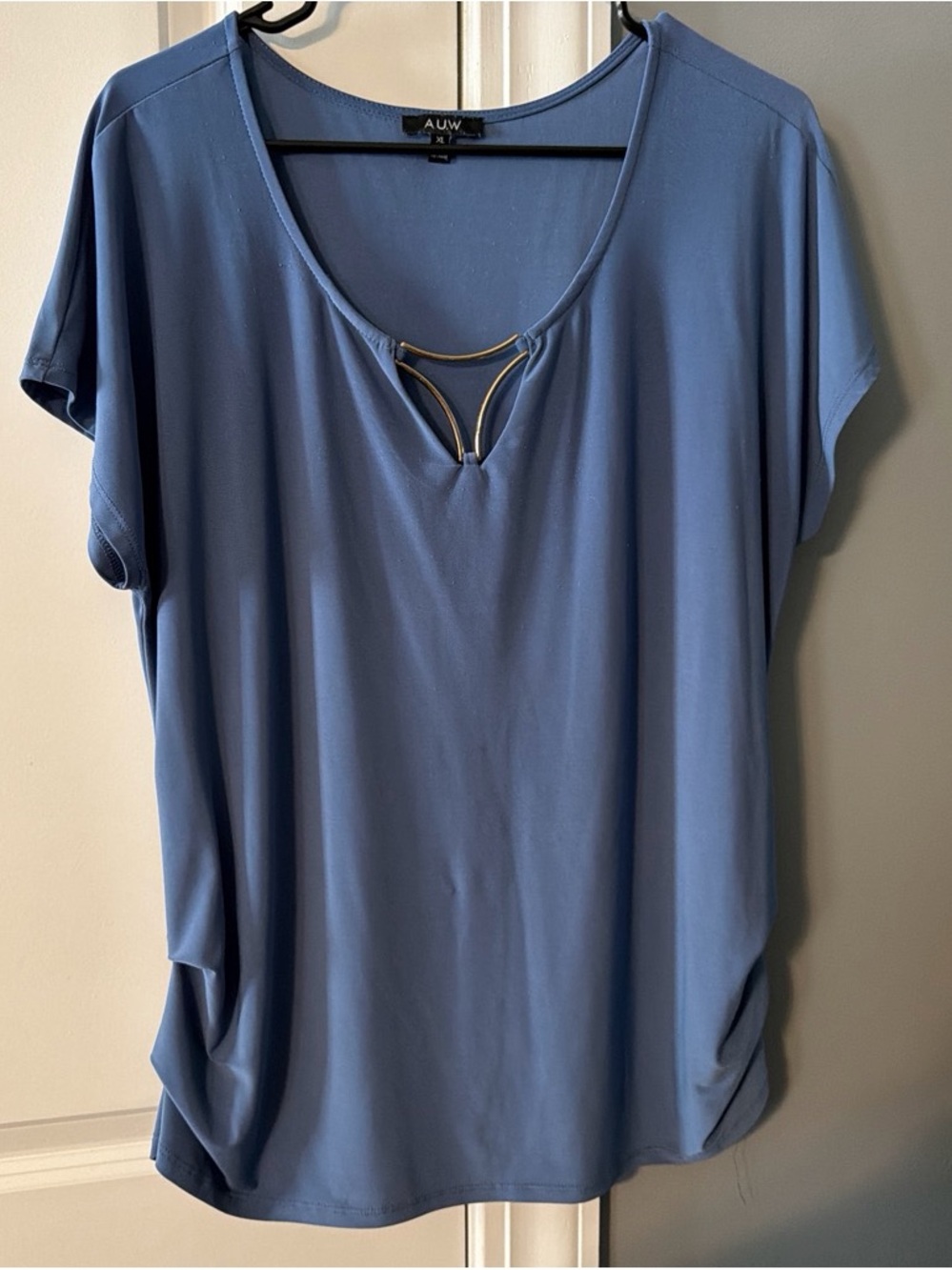 AUW Dusty Blue Short-Sleeve V-Neck Top with Gold Accent